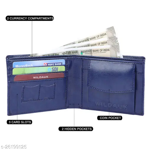 Blue artificial leather wallet, Wildauk Men 3-card slots, solid design with hidden pockets and coin compartment