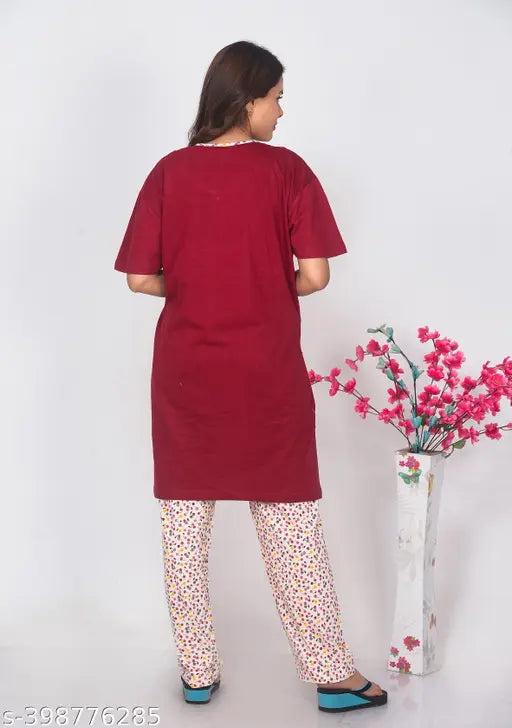 Hosiery long night suit, printed net hosiery pajamas set (XLXXL), India-made sleepwear on display