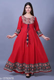 Red Rayon Anarkali Kurta with Free Mask, printed combo on ankle-length skirt, three-quarter sleeves