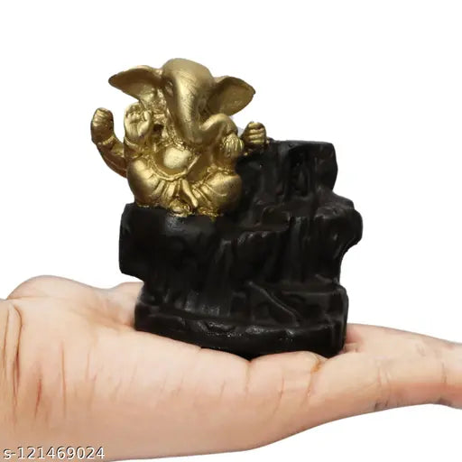 Poly resin Ganesh idol with anti-smoke feature, features 10 backflow incense cones, handcrafted from India