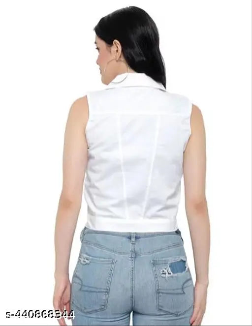 White sleeveless denim jacket for women, solid white, women's fashion accessory, India-origin