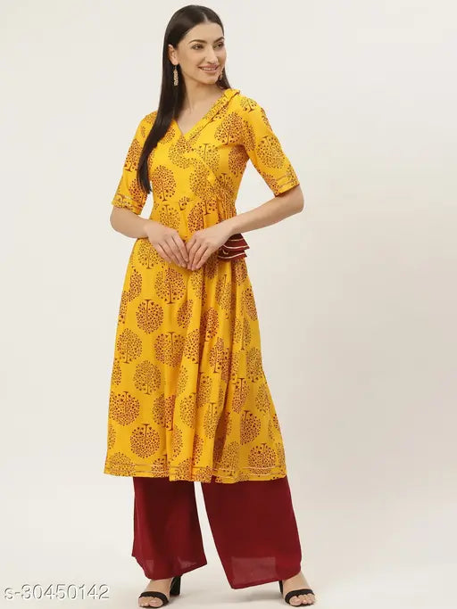 Mustard rayon Anangrakha Anarkali kurta with short sleeves and printed design, perfect for women's ethnic wear in vibrant colors. Made comfortable for daily use. Indian origin