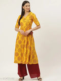 Mustard rayon Anangrakha Anarkali kurta with short sleeves and printed design, perfect for women's ethnic wear in vibrant colors. Made comfortable for daily use. Indian origin