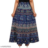 Blue and purple Jaipuri print cotton wrap skirt, Indian hand-block printed women's fashion maxi skirt with free size (30in waist, 40in length, 40in hip)
