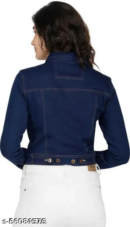 Dark blue denim full sleeve women's jacket, trendy Solid design from Samani. Exquisite Indian-made piece for women's fashion