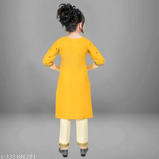 Pure cotton embroidered salwar suit set for girls, A-line top with three-quarter sleeves and matching trousers and dupatta, size 4-12 years, Indian origin