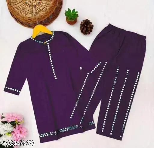 Trendy viscose rayon Aari mirror-work kurta Palazzo set, solid net for beautiful women with three-quarter sleeves