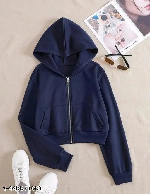 Navy Blue wool crop zipper hoodie trendy sweatshirt for kids, solid pattern, long sleeves on display