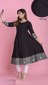 Rayon ethnic motif printed flared kurti for women, three-quarter sleeves, XS to 10XL, Indian fashion