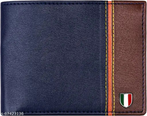 Blue-brown leather men's wallet, solid pattern, one compartment, free size, made in India