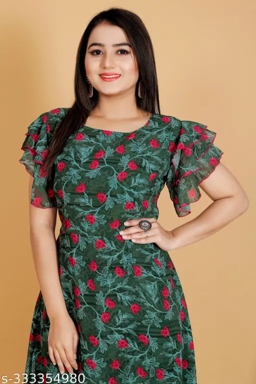 Georgette Valley flower digital printed kurti, short-sleeved A-line style for women, India origin