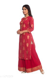 Women's printed festive wear rayon slub kurta set with sharara palazzos, three-quarter sleeves in vibrant Indian design