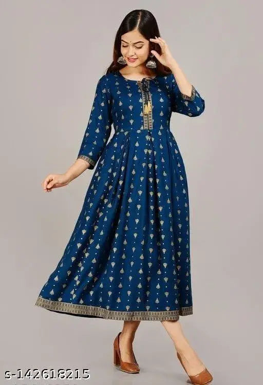 Rayon three-quarter sleeve printed gown, S (36in bust), premium Indian fabric