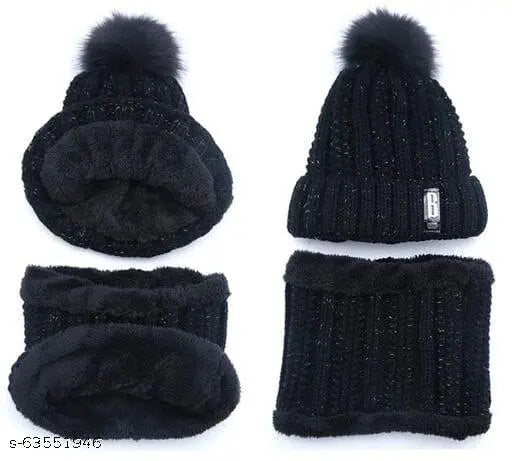 Black textured wool cap set (inside fur beanie, snow proof ball cap, scarf) - women's winter wear from India