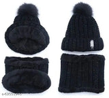 Black textured wool cap set (inside fur beanie, snow proof ball cap, scarf) - women's winter wear from India