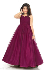 Purple net ethnic gown for girls, sleeveless, solid pattern, size 15-16 years, Indian origin