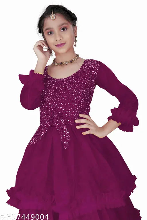 Elegant net kids' formal dresses with three-quarter sleeves, exquisite embroidery, designed for toddler ball gowns, children's party wear, and flower girl outfits. Gulnaz Fashion, Indian origin