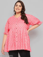 Plus size pink printed rayon slub top XL-5XL, Indian Indo-western design with puff sleeves and round neck