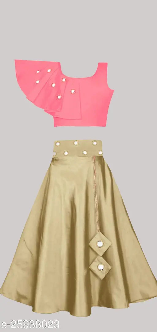 Traditional cotton blend taffeta silk princess-style lehenga choli for girls (24 in waist, 24 in length), adorned with mirror work and embellishments