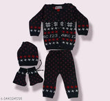 Baby girl's woolen full sleeve sweater set with pyjama top trouser dress, printed and warm, Indian handcrafted winter wear