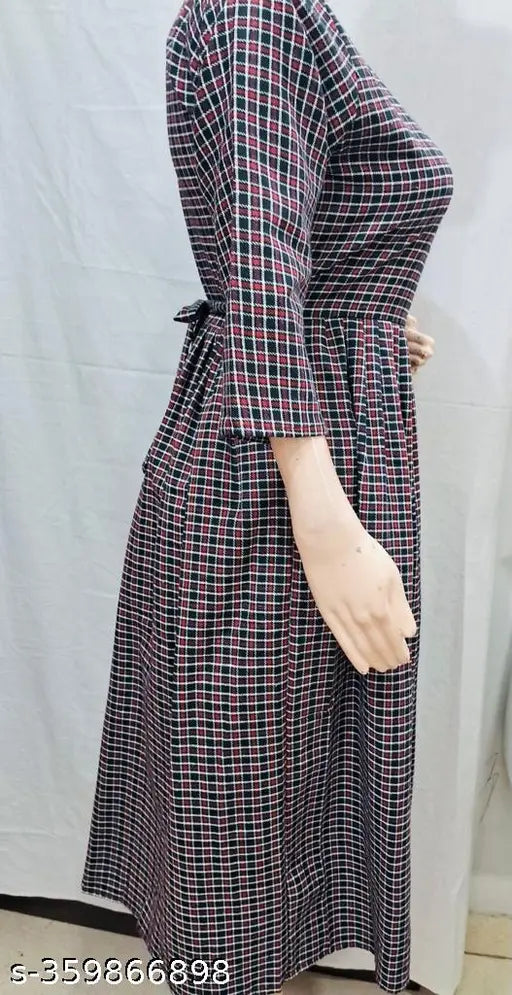 Multicolor woolen check kurti for winter, casual or formal wear. Woolen fabric, three-quarter sleeves, and front slit design. Available sizes: S, M, L, XL, XXL, XXXL