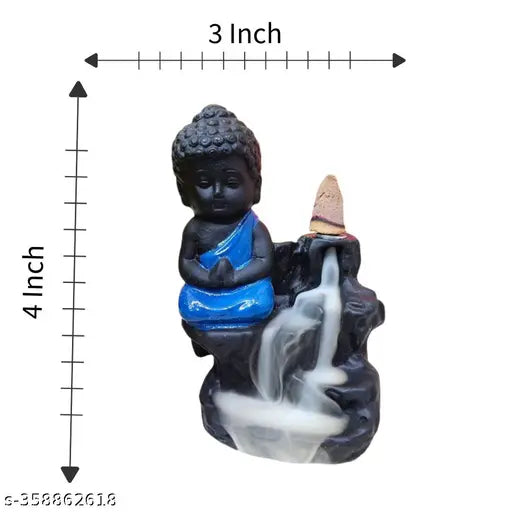 Blue poly resin Buddha idol with backflow cone, handcrafted artifact showpiece featuring meditation scene with smoky waterfall illusion