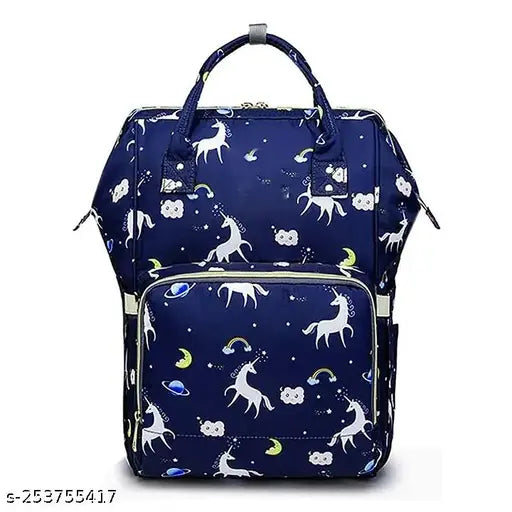 Blue polyester unicorn diaper backpack for maternity with waterproof nappy bag, features main compartment and front/back pockets. Convenient for on-the-go baby essentials with adjustable shoulder strap. Made in India