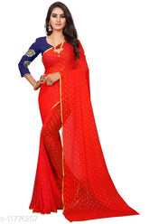 Red embellished chiffon saree from India, featuring a separate jacquard blouse with woven design