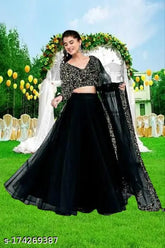 Embellished velvet and net semi-stitched LAXMI V_LEHENGA_GOLD party lehenga set with lace dupatta, India origin