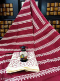 White 100% pure cotton Mulmul Sari with separate blouse, traditional Indian print, suitable for daily and festive wear