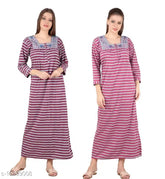 Trendy wool nightdress in printed net, cotton top and wool bottom for women, L or XL size from India
