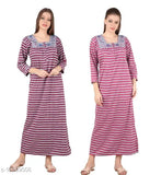 Trendy wool nightdress in printed net, cotton top and wool bottom for women, L or XL size from India