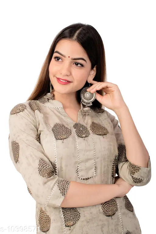 Beige cotton printed straight kurta palazzo set with three-quarter sleeves, traditional Indian ethnic wear for women