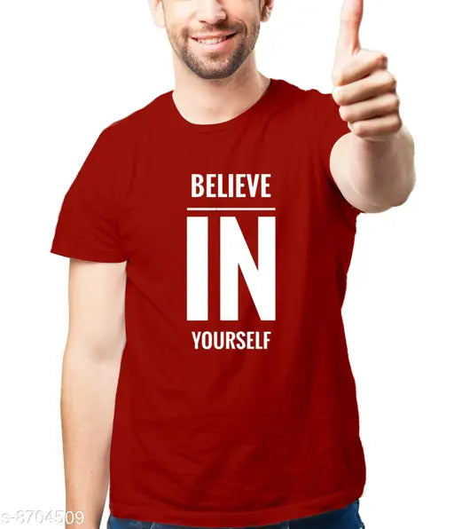 Maroon cotton "Believe in Yourself" half-sleeve round neck tee for men on display