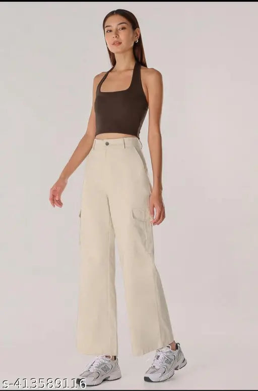 Cream cotton-lycra four-pocket casual cargo pant for women - solid net, size S-XL
