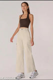 Cream cotton-lycra four-pocket casual cargo pant for women - solid net, size S-XL