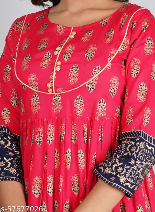 Rayon flared kurta, Jaipuri Collection printed, three-quarter sleeves, vibrant Indian fashion on model