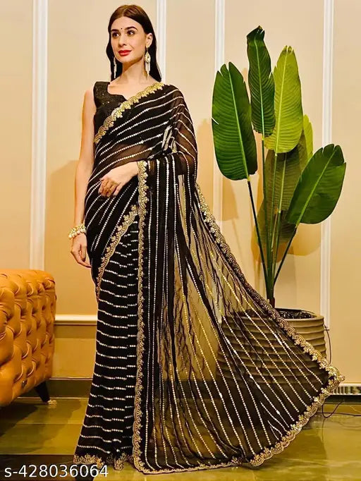 Embellished Georgette saree with running blouse, Indian free size (L: 5.5m, B: 0.8m)
