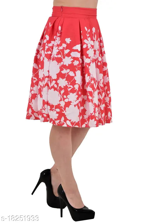 Red crepe pleated printed skirt, summer trend for women & girls. Knotted design, Indian origin