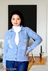 Denim modern women's jeans jacket, solid color, long sleeves. Quality fabric, comfortable fit, good pricing. Made in India