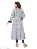 Denim grey check long kurti for festival and party wear, rayon fabric, three-quarter sleeves, checked pattern