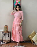 Pink lurex gown, rayon slub three-quarter sleeve embroidered net evening dress from India