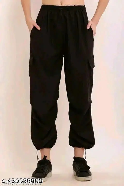 Black cotton blend cargo joggers, Zooni Collection women's loose fit, stretchable, self-design net pattern, pack of 1