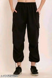 Black cotton blend cargo joggers, Zooni Collection women's loose fit, stretchable, self-design net pattern, pack of 1