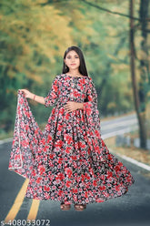 Kids formal wear Georgette dress with short sleeves, printed floral embroidery for girls party, aged 9-16 years