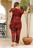 Grass print satin nightsuit for women, long length with short sleeves, Indian made