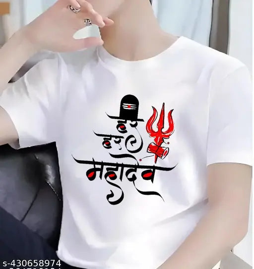 White polyester Mahadev typography round-neck T-shirt with long sleeves, featuring Har Har Mahadev print. Indian-made devotional clothing for men and women