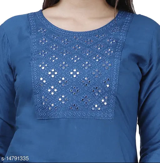 Rayon embroidered straight kurta palazzo set, three-quarter sleeves, printed net, trendy fusion wear from India" (106 characters)