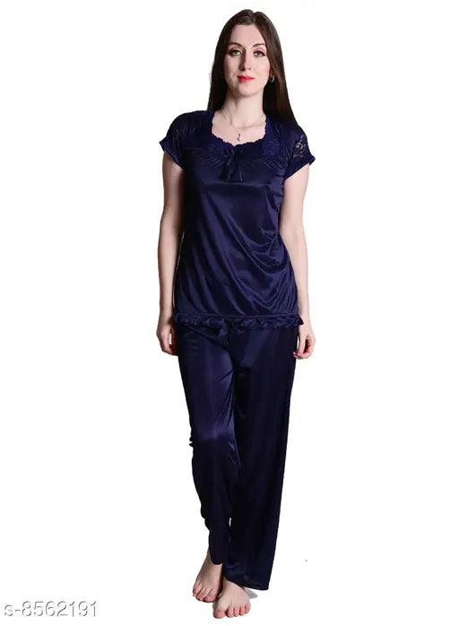 Satin nightsuit, Senslife women's regular pyjamas in solid color, short sleeves, free size, made in India