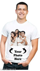 Personal photo print t-shirt, short sleeved polyester tee featuring custom image on front, clothing accessory for personalized style